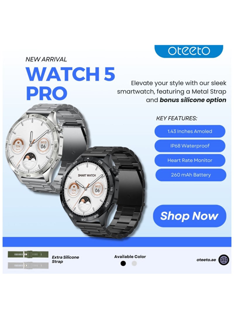 Oteeto Watch 5 pro  1.43 Inch AMOLED Display Smart watch With 2 Pair Strap and Wireless Charger For Men's