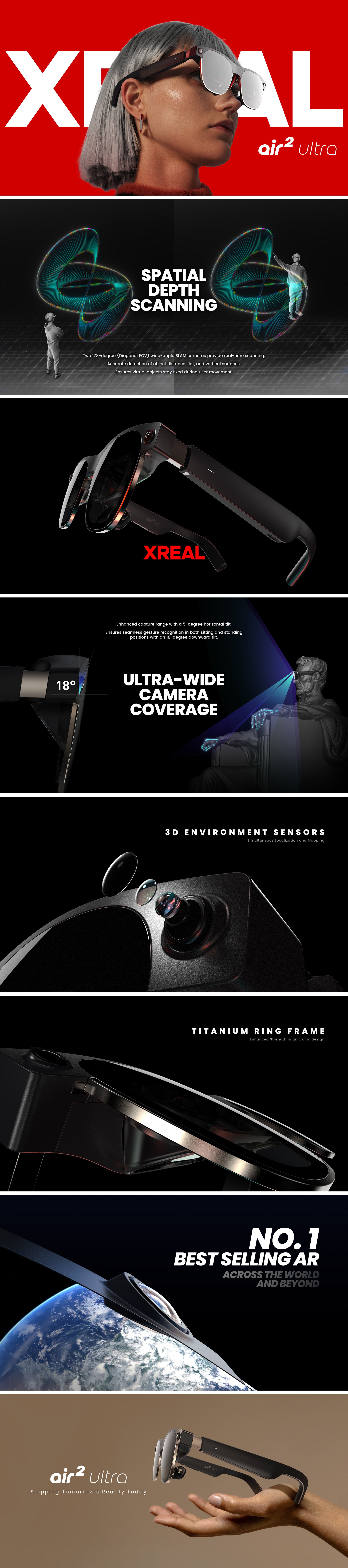 XREAL Air 2 Ultra AR Glasses, Titanium AR Glasses, with 3D Environment Sensors, Hand tracking, 52 Degree FOV, Up to 120Hz, Watch, Stream, and Game on PC/Android/iOS, PlayStation 5/Xbox/Nintendo Switch