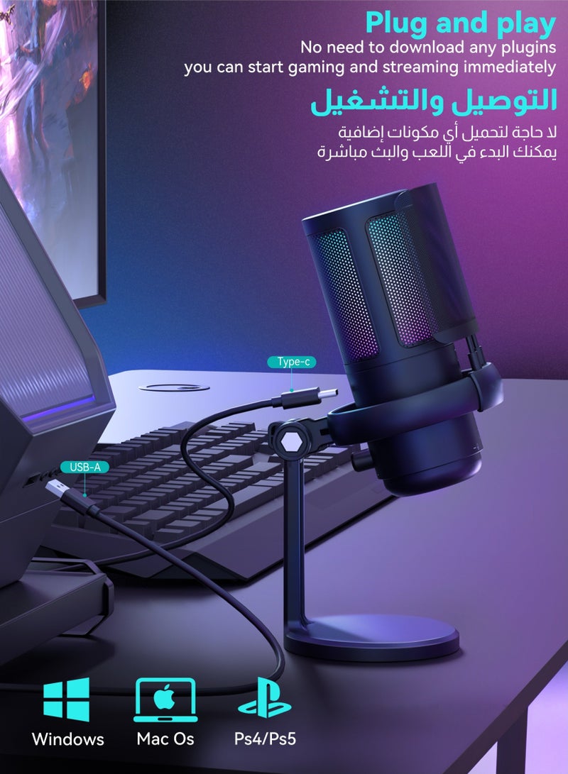 Gaming Microphone With RGB Lighting, USB Condenser Podcasting Microphone, Tap to Mute Sensor, Pop Filter, USB PC, Mac/PS4/PS5 Computer Desktop Microphone for Gaming, Streaming, Recording