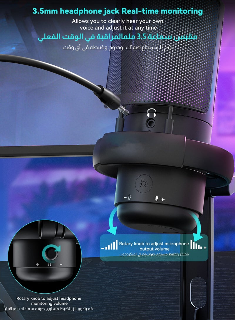 Gaming Microphone With RGB Lighting, USB Condenser Podcasting Microphone, Tap to Mute Sensor, Pop Filter, USB PC, Mac/PS4/PS5 Computer Desktop Microphone for Gaming, Streaming, Recording