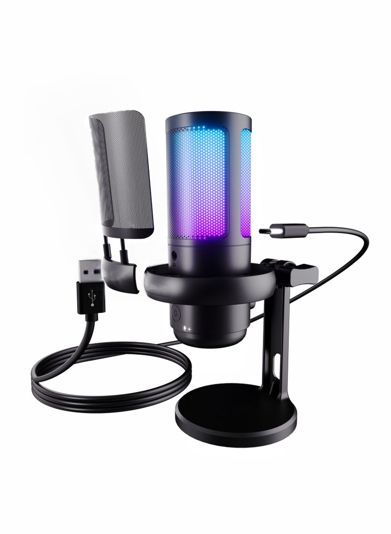 Gaming Microphone With RGB Lighting, USB Condenser Podcasting Microphone, Tap to Mute Sensor, Pop Filter, USB PC, Mac/PS4/PS5 Computer Desktop Microphone for Gaming, Streaming, Recording