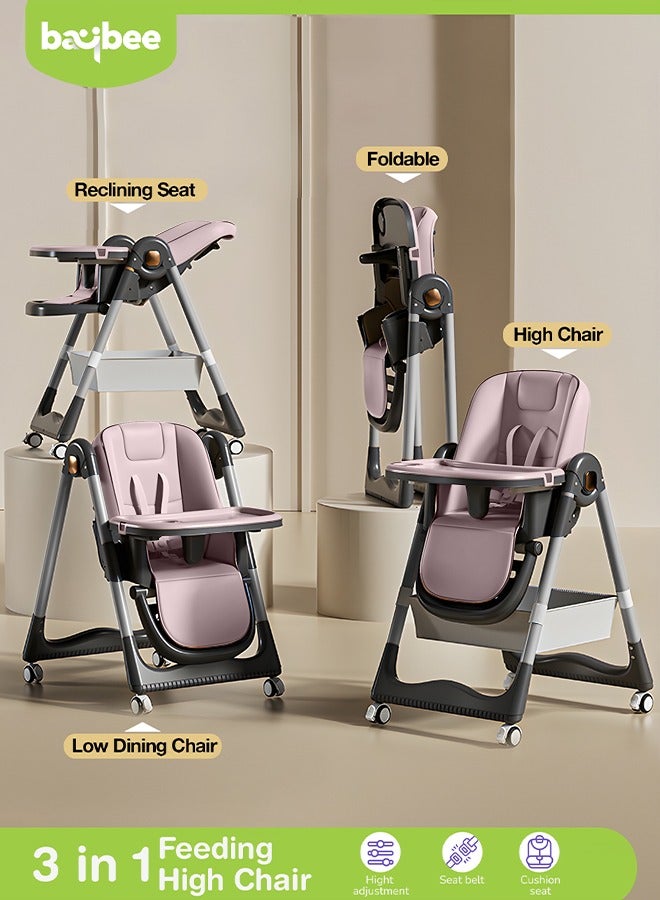 3 In 1 Baby Feeding High Chair With 8 Height Adjustable, Footrest, Tray, 160 Degree Recline, 5 Point Safety Belt And Wheels, 0 - 6 Years Pink