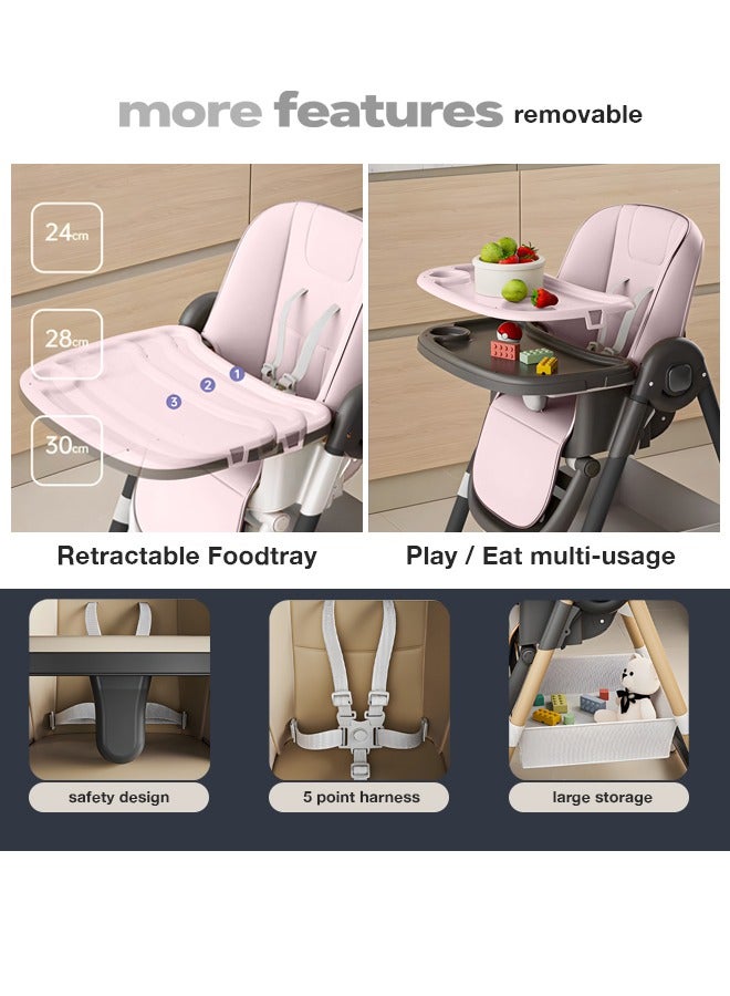 3 In 1 Baby Feeding High Chair With 8 Height Adjustable, Footrest, Tray, 160 Degree Recline, 5 Point Safety Belt And Wheels, 0 - 6 Years Pink