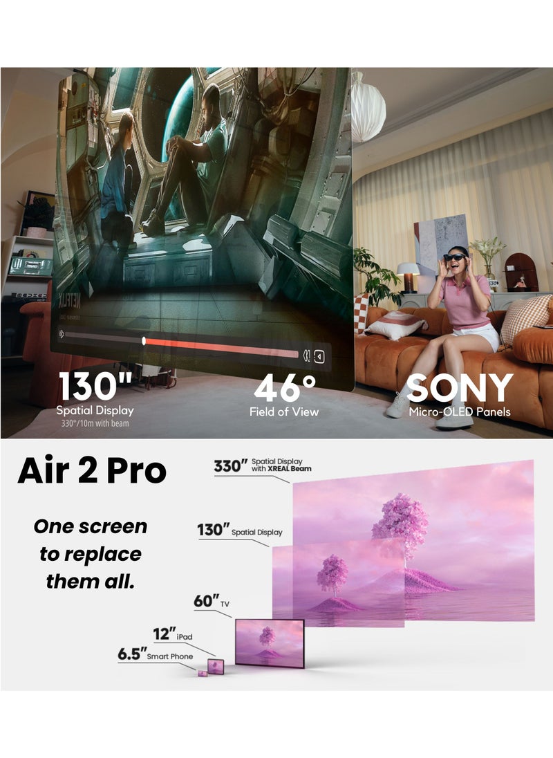 XREAL Air 2 Pro AR Glasses, Ultimate Portable Display with 3-Level Electrochrome Darkening,75g,120Hz,130