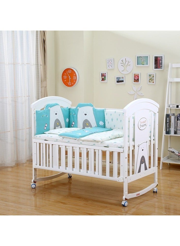 Baby Crib, Baby Wooden Cot, Bed Multifunctional  Rocker, Convertible Desk And Kids Sofa With Mosquito Net