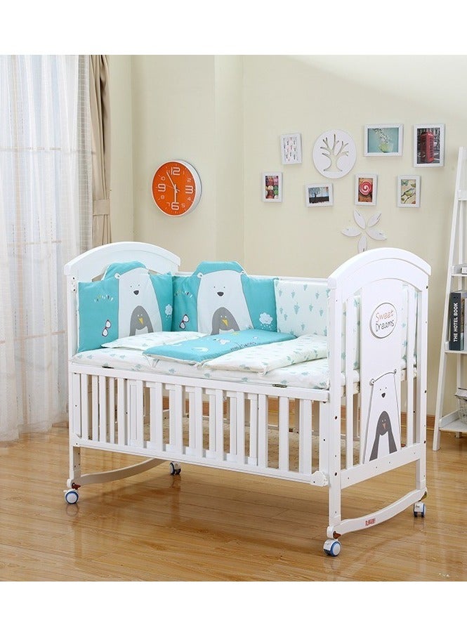 Baby Crib, Baby Wooden Cot, Bed Multifunctional  Rocker, Convertible Desk And Kids Sofa With Mosquito Net