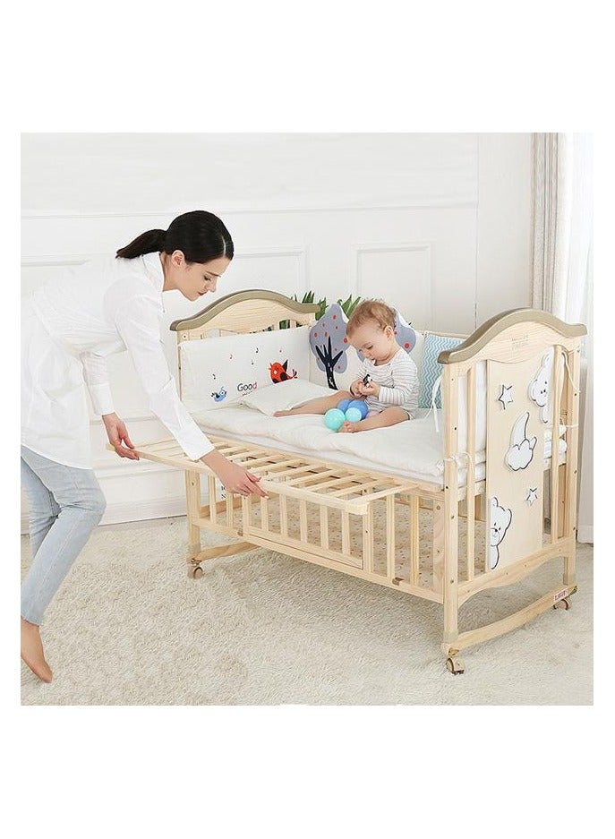 Baby Crib, Baby Wooden Cot, Bed Multifunctional  Rocker, Convertible Desk And Kids Sofa With Mosquito Net