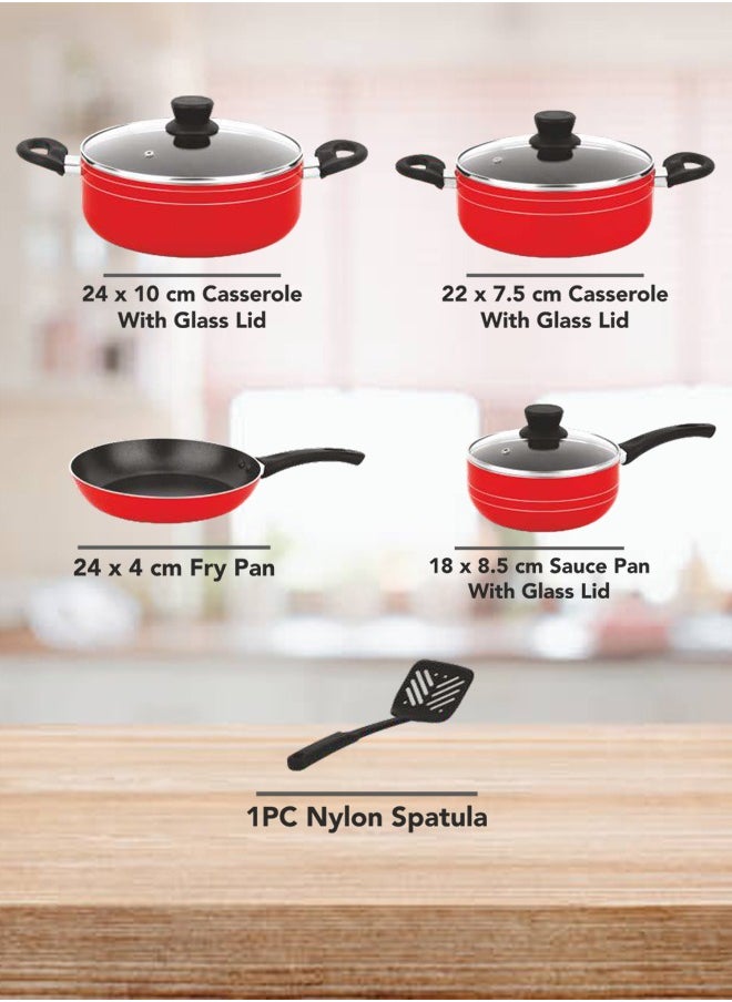 9-Pcs Non-Stick Cookware Set | Scratch-Resistant Pots and Pans Set | 24cm,22cm Casserole | 24cm Fry Pan | 18cm Sauce Pan | Nylon Spatula(Red)