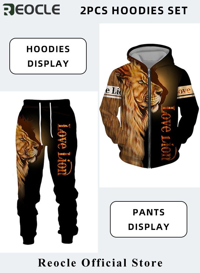 Men's 2 Pcs Hoodie Set Sweatshirt Suit 3D Printed Long Sleeve Hoodie with Zipper Trackpant Casual Suit