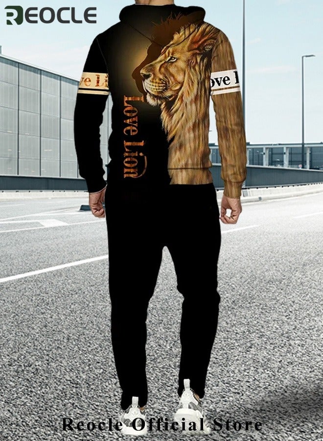 Men's 2 Pcs Hoodie Set Sweatshirt Suit 3D Printed Long Sleeve Hoodie with Zipper Trackpant Casual Suit