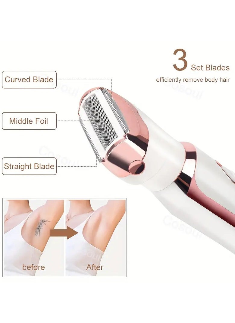 4 in 1 Electric Razor for Women, Lady Electric Shaver Hair Remover for Face Legs Nose Underarm, Portable Bikini Trimmer Wet & Dry Cordless Hair Removal with Detachable Head, White