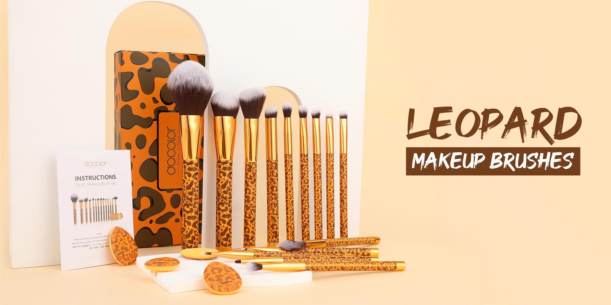 Makeup Brushes 14Pcs Leopard Makeup Brush Set with 4pcs Makeup Puffs Premium Synthetic Powder Foundation Contour Blush Concealer Eye Shadow Blending Make Up Brush Kit