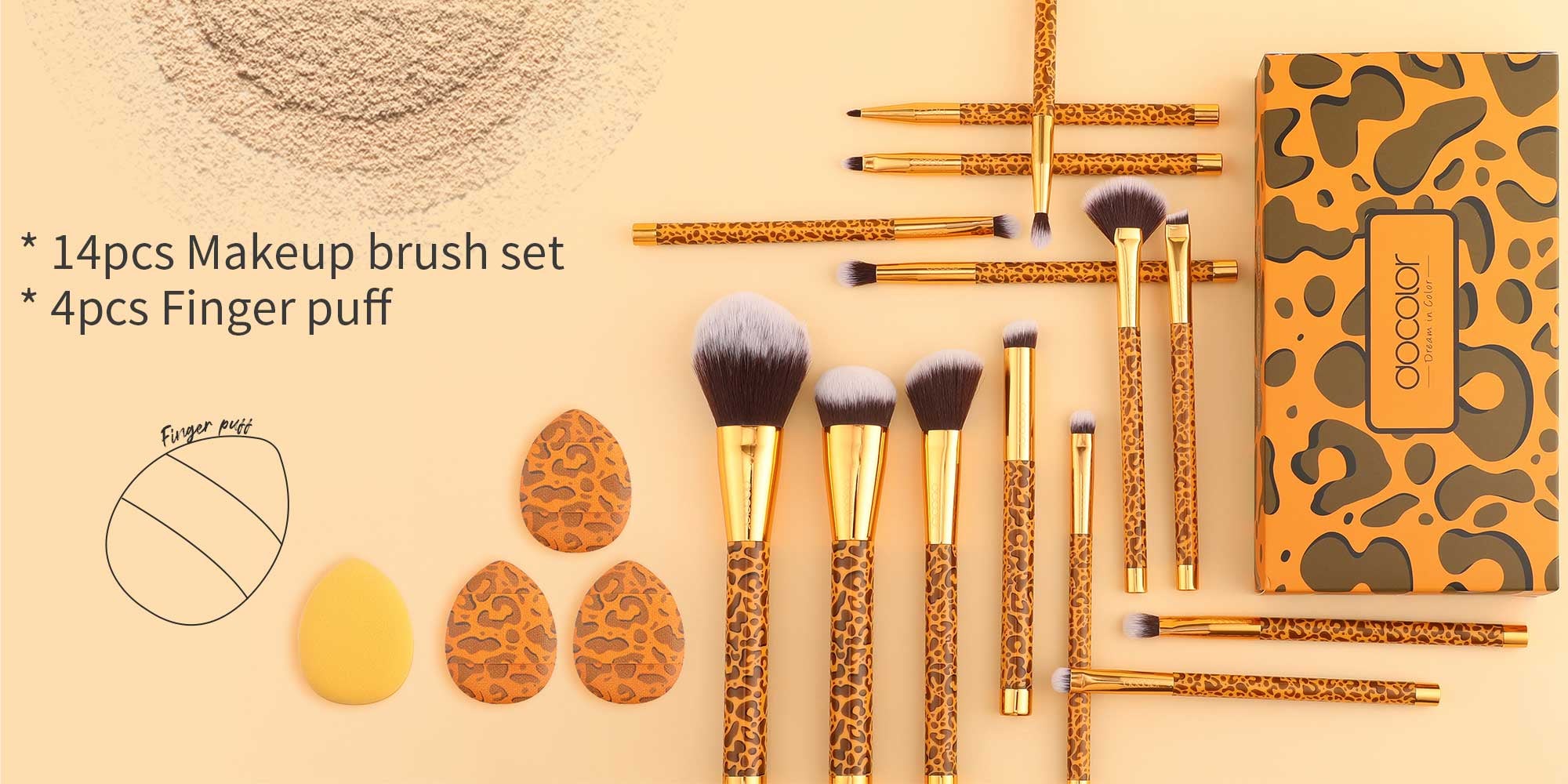 Makeup Brushes 14Pcs Leopard Makeup Brush Set with 4pcs Makeup Puffs Premium Synthetic Powder Foundation Contour Blush Concealer Eye Shadow Blending Make Up Brush Kit