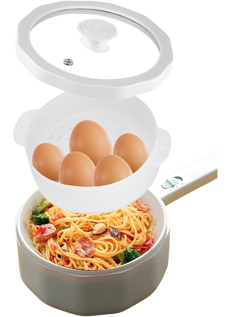 Electric Hot Pot with Steamer Pot, 1.5L Electric Cooker Food Steamer, Electric Pot Fry Pan, Non Stick Pan Steak,Egg,Pasta, Electric pan for Fried Rice, Soup Hotpot, (White, 1.5L)