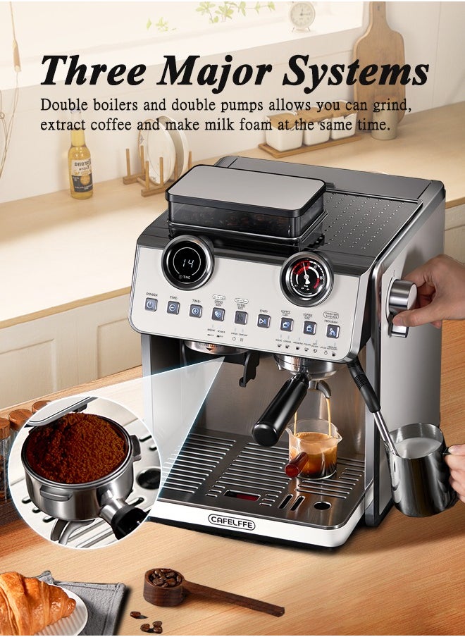 Barista Espresso Machine With Double Boilers And Double Pumps Household And Commercial Dual Use Espresso Coffee Maker With Grinder All-In-One 2.5L White