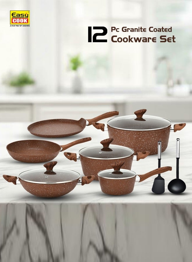 12 Pieces Smart Cookware Set | Granite Coated Forged Aluminum Body Tempered Glass Lid With Wide Stainless Steel | Brown