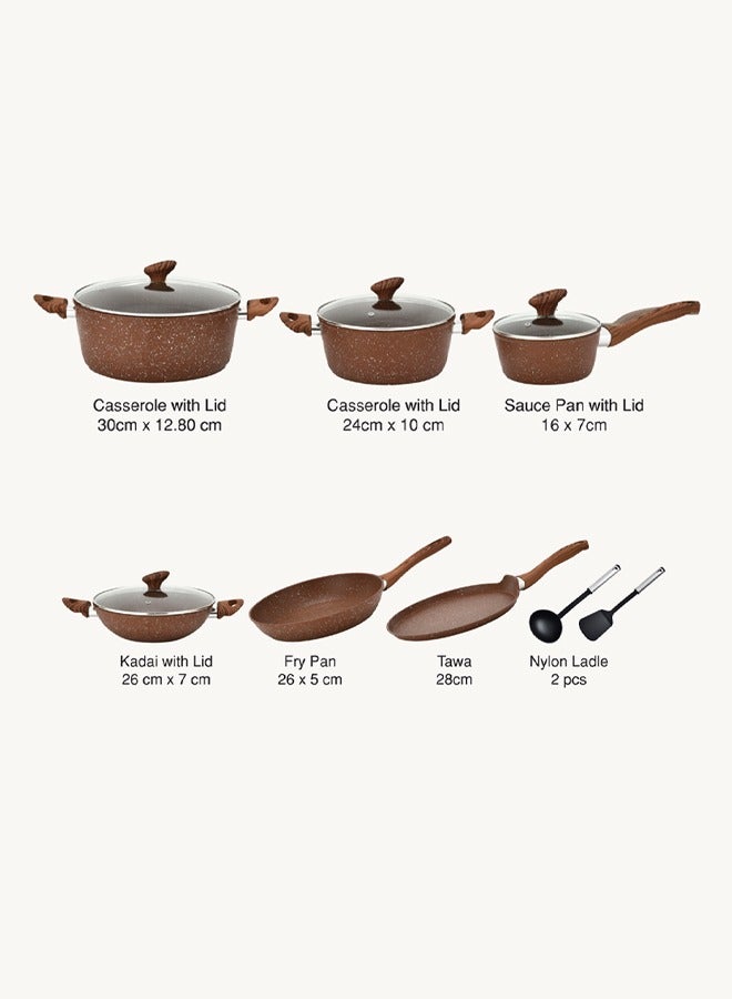 12 Pieces Smart Cookware Set | Granite Coated Forged Aluminum Body Tempered Glass Lid With Wide Stainless Steel | Brown