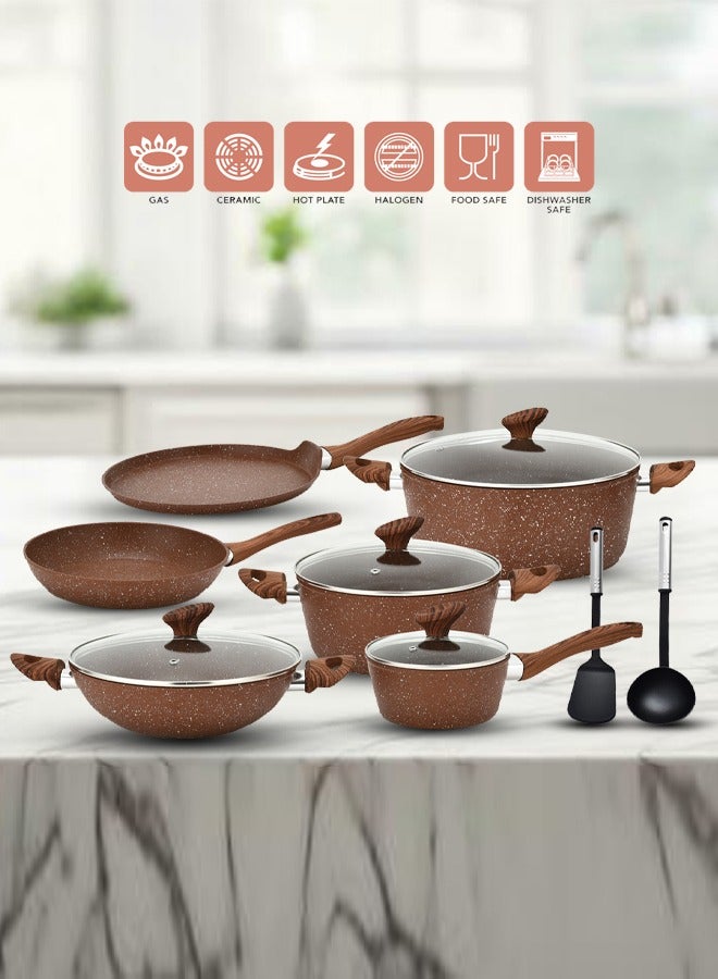 12 Pieces Smart Cookware Set | Granite Coated Forged Aluminum Body Tempered Glass Lid With Wide Stainless Steel | Brown