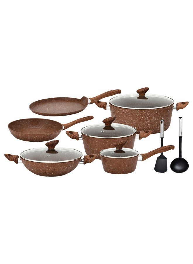 12 Pieces Smart Cookware Set | Granite Coated Forged Aluminum Body Tempered Glass Lid With Wide Stainless Steel | Brown