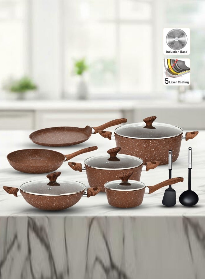 12 Pieces Smart Cookware Set | Granite Coated Forged Aluminum Body Tempered Glass Lid With Wide Stainless Steel | Brown