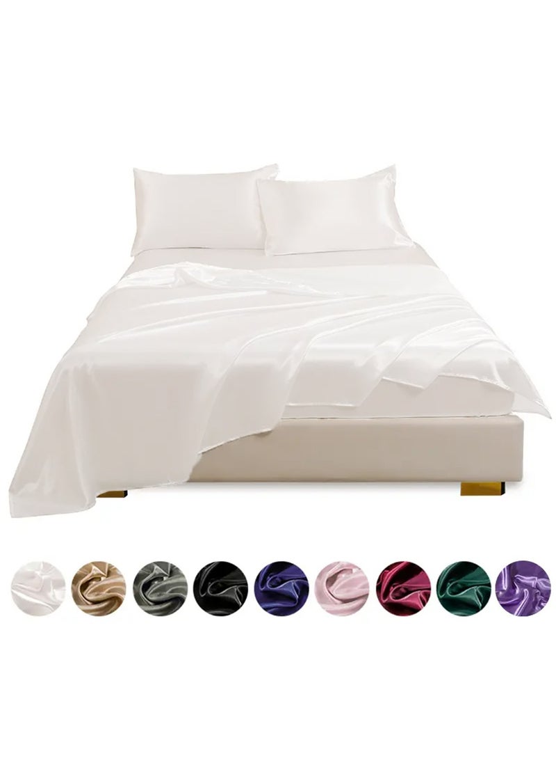 4 Piece bed sheets Full Bedding Set (1 Flat Sheet 1 Fitted Sheet 2 Pillow Cases )Silky Satin white