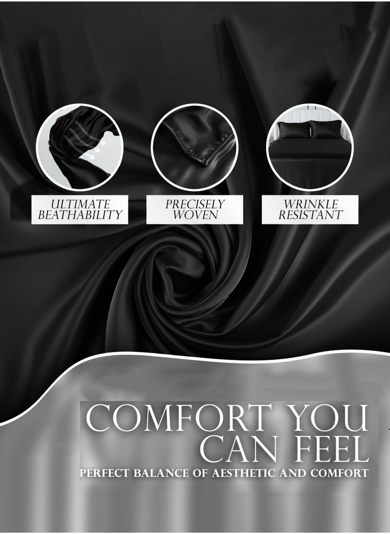 4 Piece Luxury Silk Feel Satin bed sheets  Full Bedding Set (1 Flat Sheet 1 Fitted Sheet 2 Pillow Cases) Silky Satin black