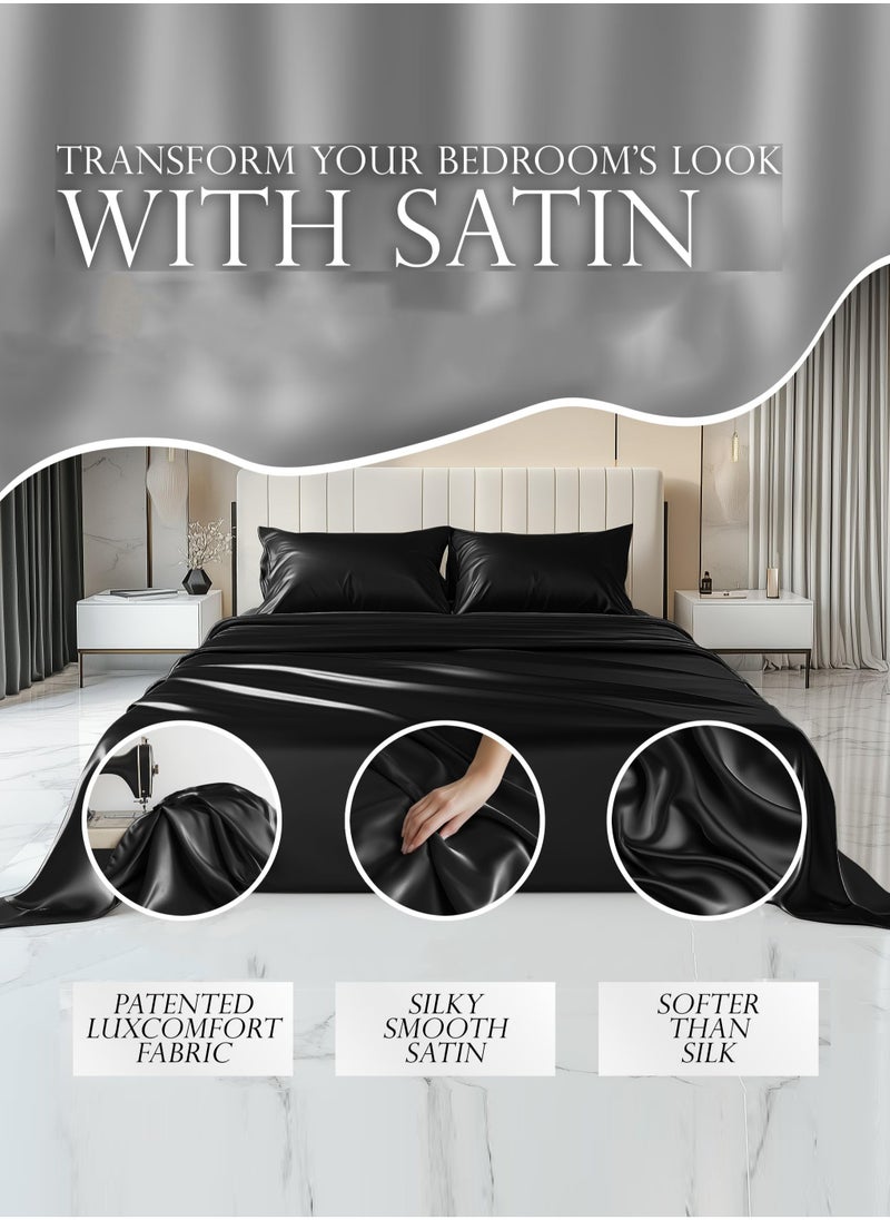 4 Piece Luxury Silk Feel Satin bed sheets  Full Bedding Set (1 Flat Sheet 1 Fitted Sheet 2 Pillow Cases) Silky Satin black