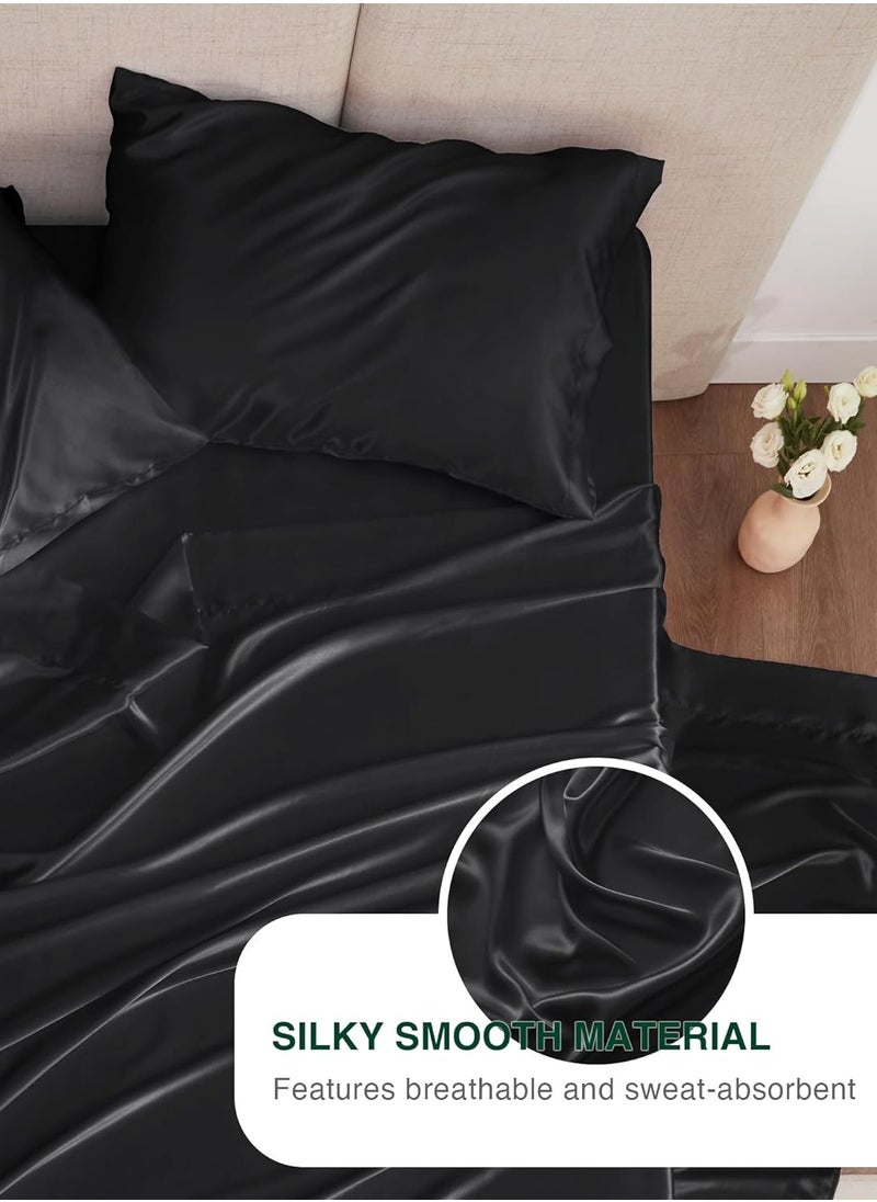 4 Piece Luxury Silk Feel Satin bed sheets  Full Bedding Set (1 Flat Sheet 1 Fitted Sheet 2 Pillow Cases) Silky Satin black