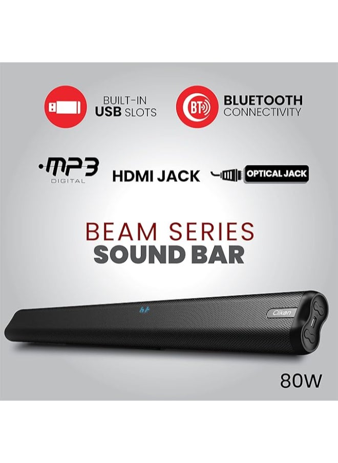 Clikon Beam Series Bluetooth Sound Bar with MP3 Player, Built-in USB Slots, 2 Years Warranty, 80 Watts, Black – CK855