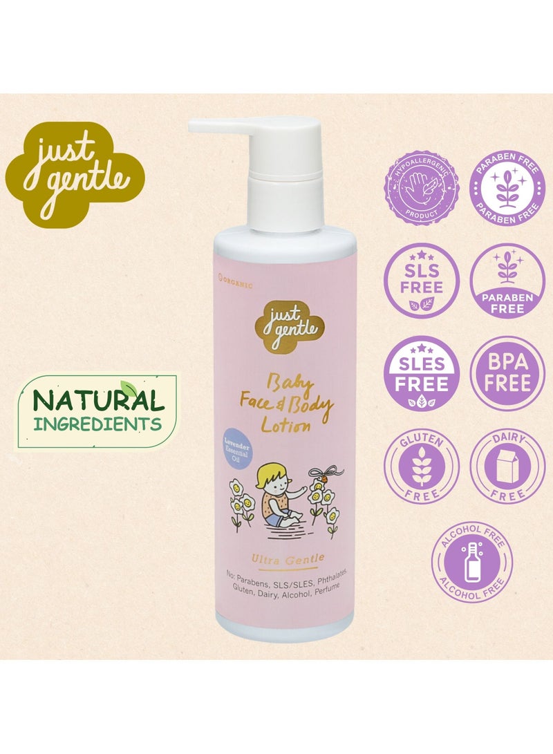 Organic Baby Face & Body Lotion - 97% Natural Ingredients, Hydrating Shea Butter & Aloe Vera, Lavender Scent, 200ml