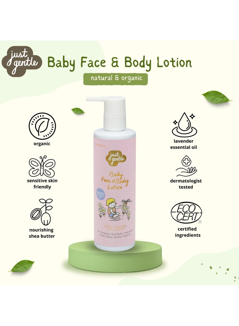 Organic Baby Face & Body Lotion - 97% Natural Ingredients, Hydrating Shea Butter & Aloe Vera, Lavender Scent, 200ml