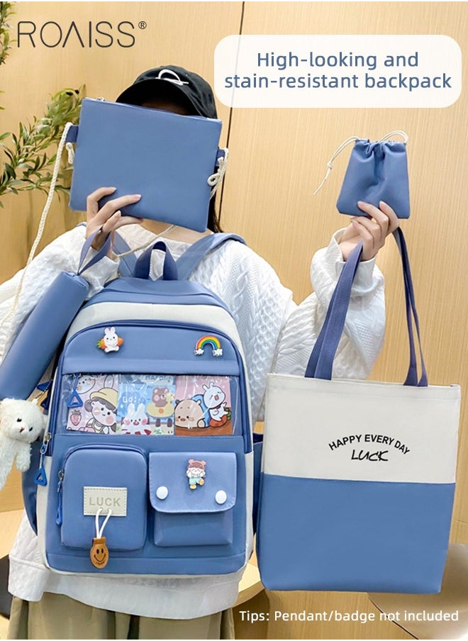 5 Pcs Casual Backpack Set for Students Including Backpack Shoulder Bag Handbag Pen Case and Coin Bag Large Capacity Cute Practical Canvas Backpack Sets for Kids with Badge and Pendant