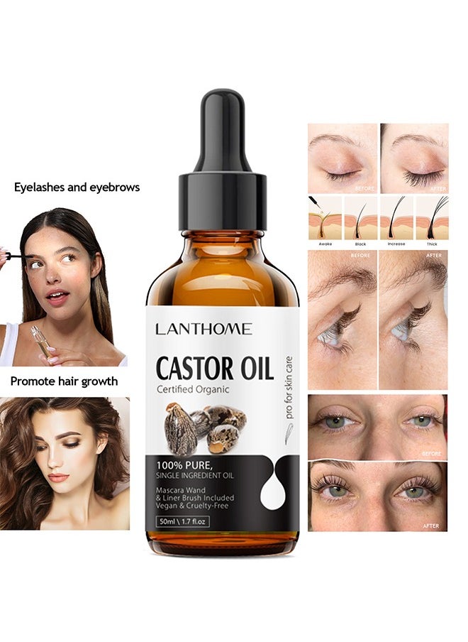 Castor Oil ,For Eyelashes and Eyebrows, Organic Jamaican Black Castor Oil Cold Pressed Hair Growth Oil, Skin Moisturizer Body Oil ith Eyelash Kit