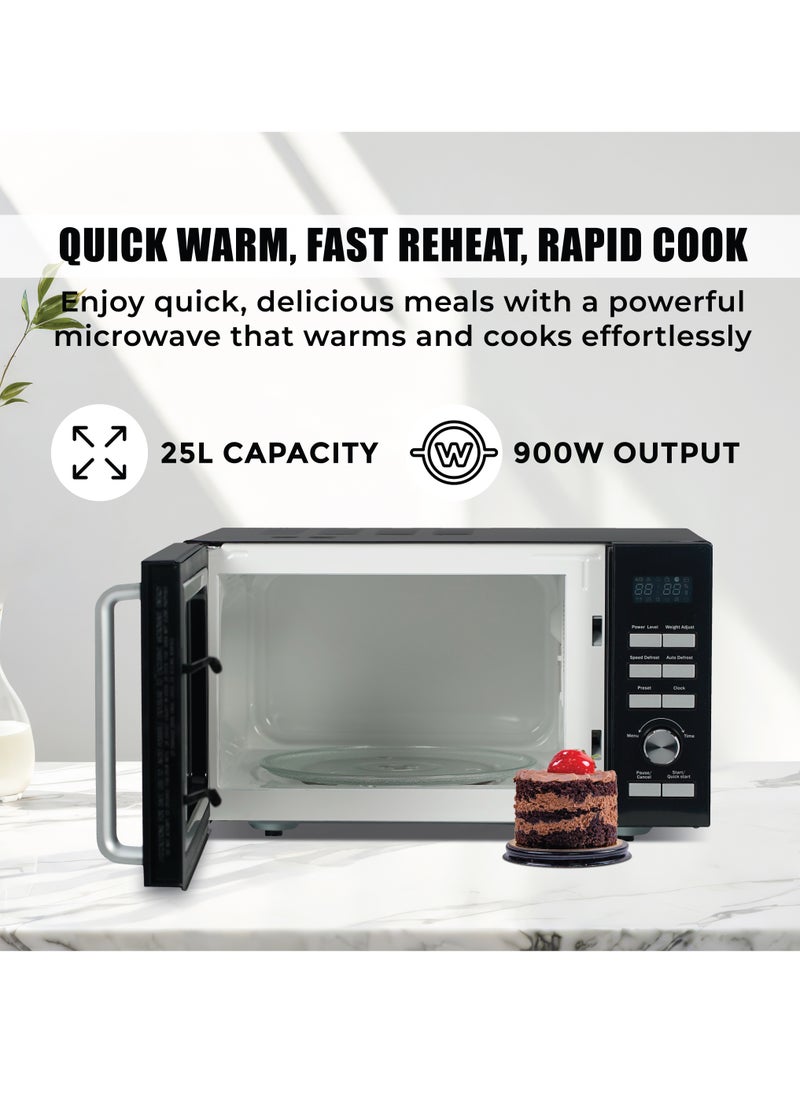SPJ 25L Microwave Oven 900W Digital with Grill Function, 6 Power Levels, 95-Min Timer, Child-Safety Lock & Easy Controls – Stylish Black Microwave for Home Kitchen