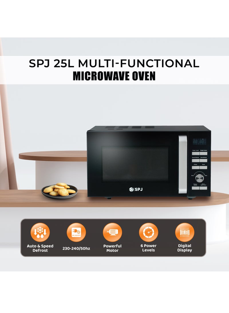 SPJ 25L Microwave Oven 900W Digital with Grill Function, 6 Power Levels, 95-Min Timer, Child-Safety Lock & Easy Controls – Stylish Black Microwave for Home Kitchen