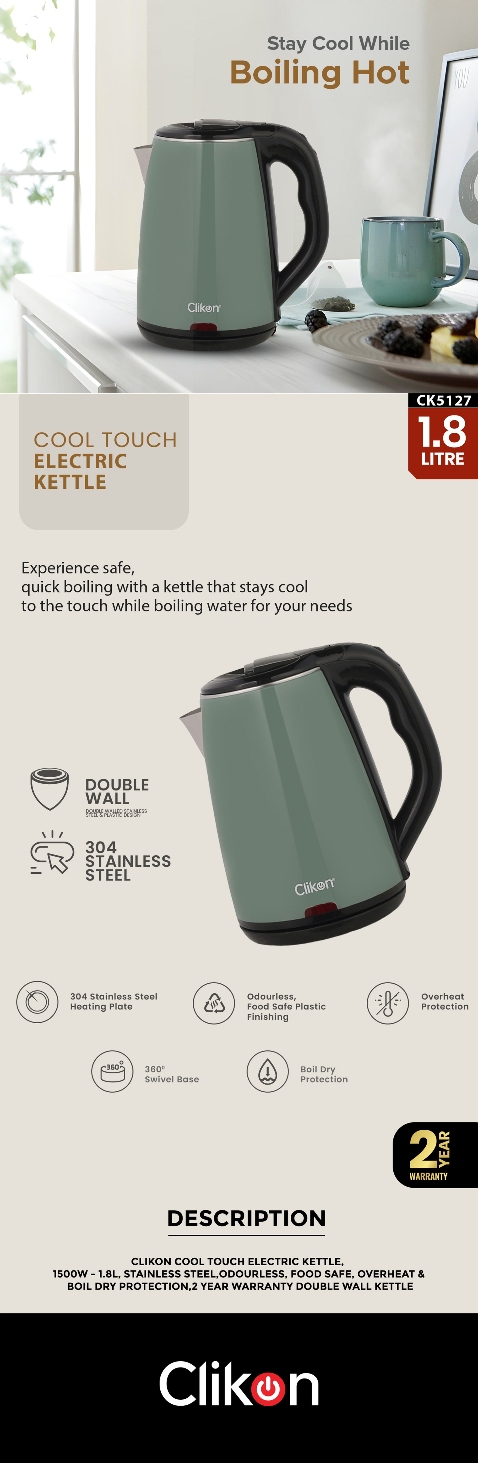 Double Wall SS Electric Cordless Kettle With Overheating Protection And Odourless,Food Safe Plastic Finishing- 2 Years Warranty 1.8 L 1500 W CK5127 Purple/Black
