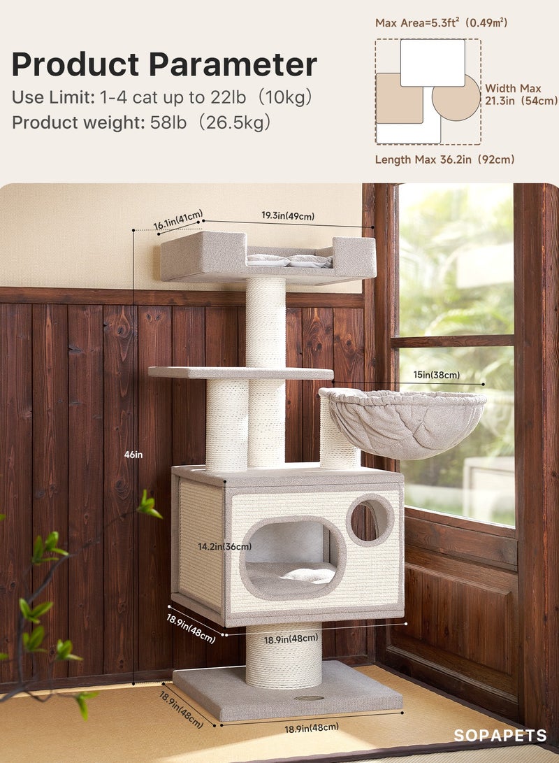 SOPAPETS High-End Large Cat Tree Tower, Premium Birch Wood Made, Scratching Posts, Cat Condo with Scratching Posts, Removable Soft Cushion Bed, Cat Nest, Super Stable (48x48x123cm)