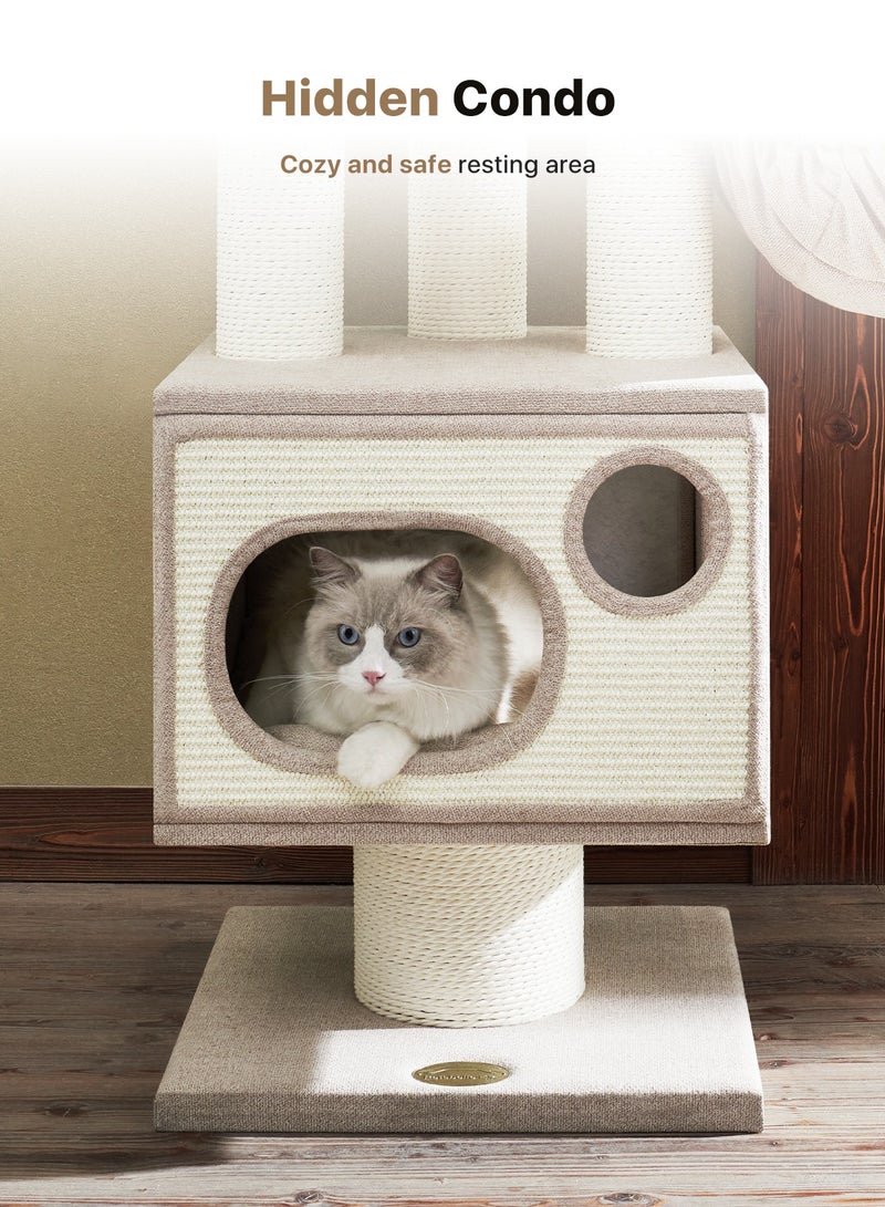 SOPAPETS High-End Large Cat Tree Tower, Premium Birch Wood Made, Scratching Posts, Cat Condo with Scratching Posts, Removable Soft Cushion Bed, Cat Nest, Super Stable (48x48x123cm)