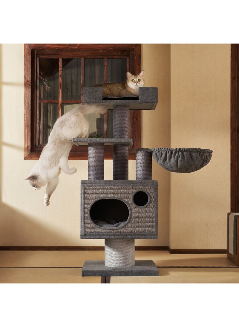 SOPAPETS High-End Large Cat Tree Tower, Premium Birch Wood Made, Scratching Posts, Cat Condo with Scratching Posts, Removable Soft Cushion Bed, Cat Nest, Super Stable (48x48x123cm)