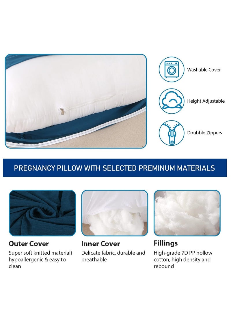 Maternity Pillow, U-Shape Full Body Pillow, Maternity Nursing Pillow, Knitted Fabric, Scientific Filling, Full Body Support, Removable Pillowcase, Easy to Wash, Blue