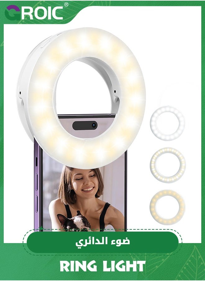 Selfie Ring Light for Phone with 3 Light Temperatures, Ring Light Clip, Portable Rechargeable Clip-on Ring Light with 40 LEDs for Mobile, Laptop, Zoom Meeting, Makes up, Video Calls, Streaming, Selfie