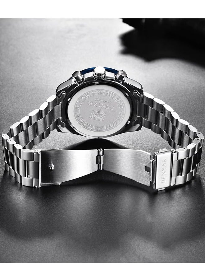 Men's Quartz Watches, Luminous, Sports Timing, Casual Fashion, 30 Meters Waterproof, Silver-Black Dial, Steel Band