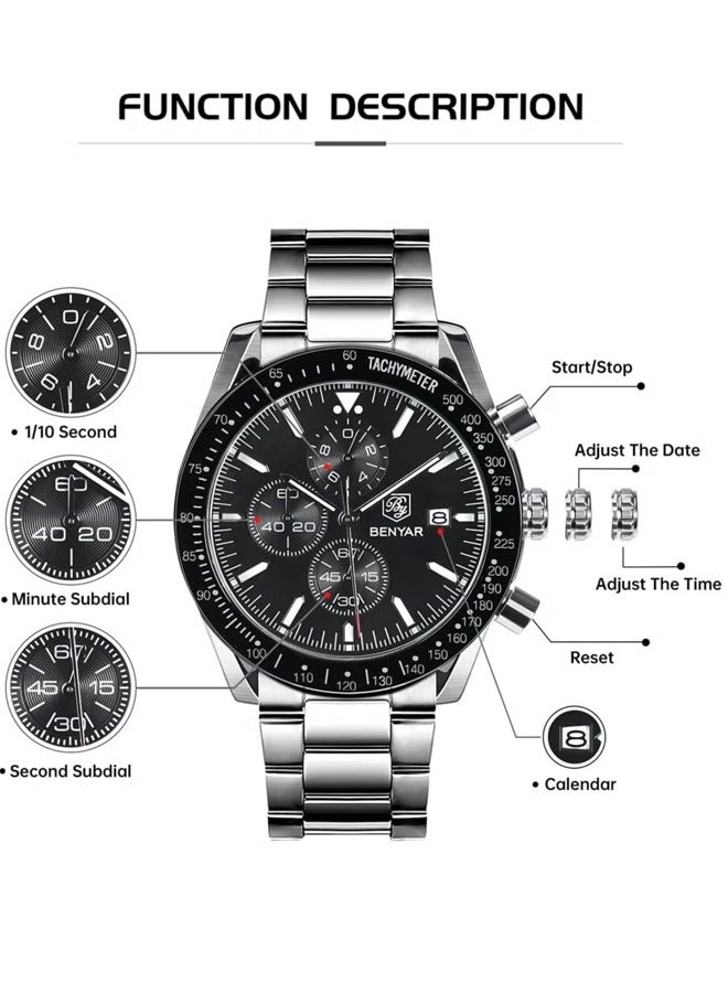 Men's Quartz Watches, Luminous, Sports Timing, Casual Fashion, 30 Meters Waterproof, Silver-Black Dial, Steel Band