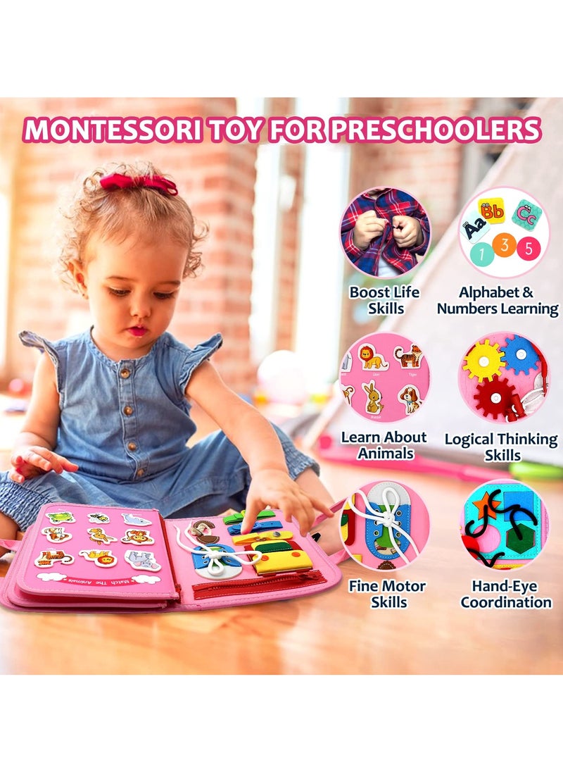 Busy Board Books, Montessori Sensory Activity Board for Early Learning, Multifunctional Portable Quiet Book, Travel Carry-on Toy, Preschool Kids Learning Life Skills & Fine Motor Skills, Kid-Friendly Felt Material Board Game, Pink Mermaid Design