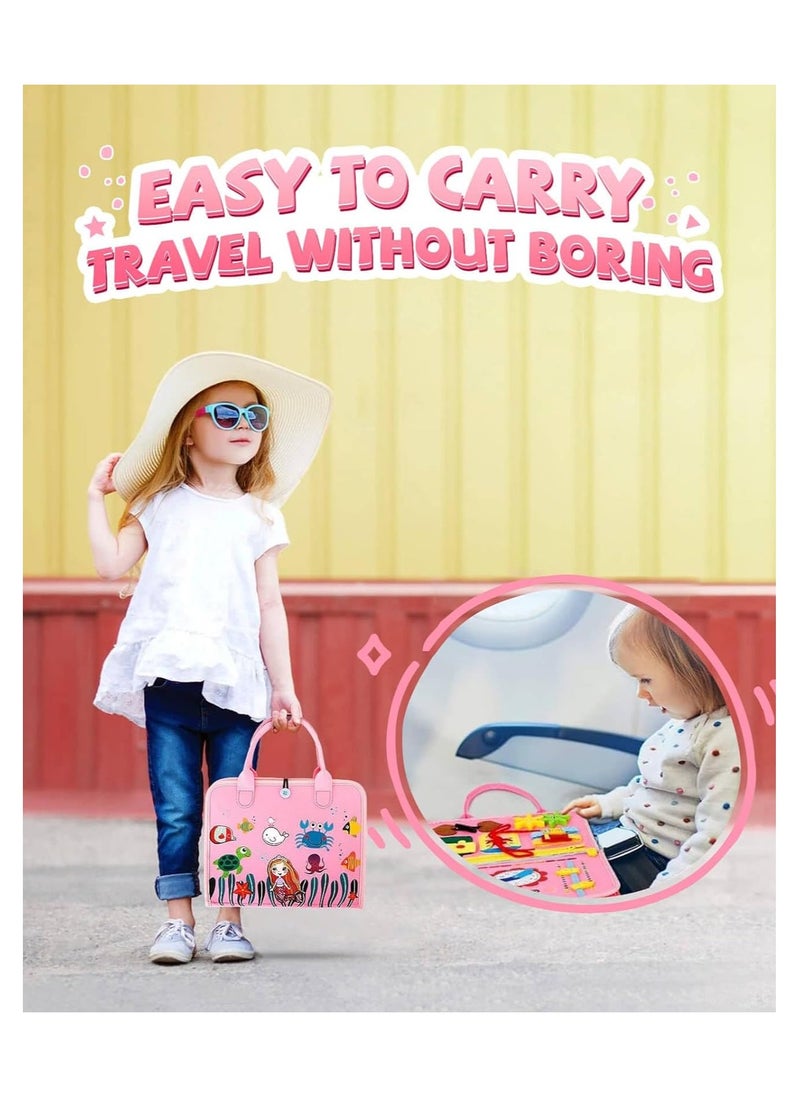 Busy Board Books, Montessori Sensory Activity Board for Early Learning, Multifunctional Portable Quiet Book, Travel Carry-on Toy, Preschool Kids Learning Life Skills & Fine Motor Skills, Kid-Friendly Felt Material Board Game, Pink Mermaid Design