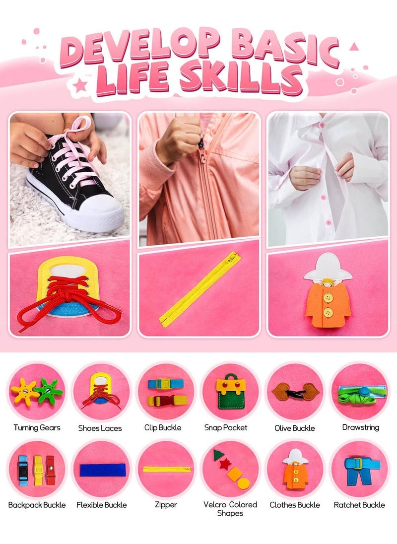 Busy Board Books, Montessori Sensory Activity Board for Early Learning, Multifunctional Portable Quiet Book, Travel Carry-on Toy, Preschool Kids Learning Life Skills & Fine Motor Skills, Kid-Friendly Felt Material Board Game, Pink Mermaid Design