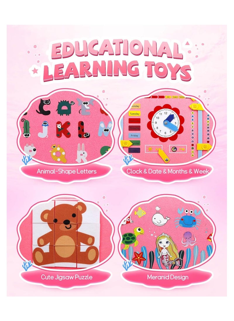 Busy Board Books, Montessori Sensory Activity Board for Early Learning, Multifunctional Portable Quiet Book, Travel Carry-on Toy, Preschool Kids Learning Life Skills & Fine Motor Skills, Kid-Friendly Felt Material Board Game, Pink Mermaid Design