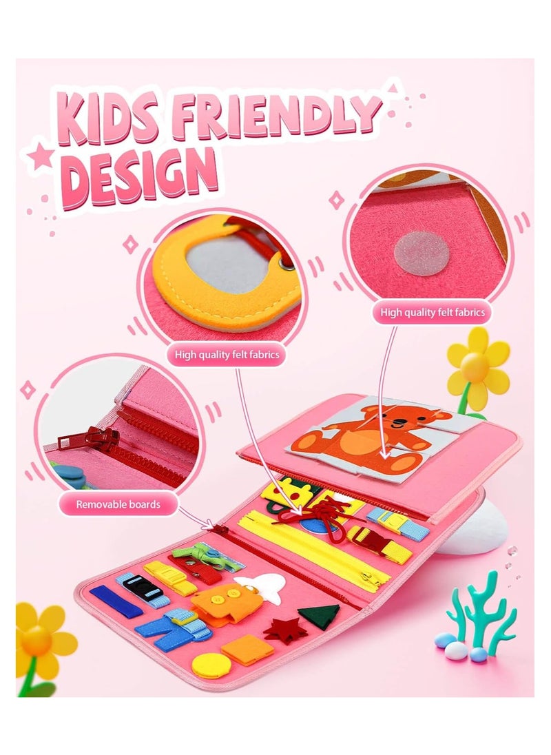 Busy Board Books, Montessori Sensory Activity Board for Early Learning, Multifunctional Portable Quiet Book, Travel Carry-on Toy, Preschool Kids Learning Life Skills & Fine Motor Skills, Kid-Friendly Felt Material Board Game, Pink Mermaid Design