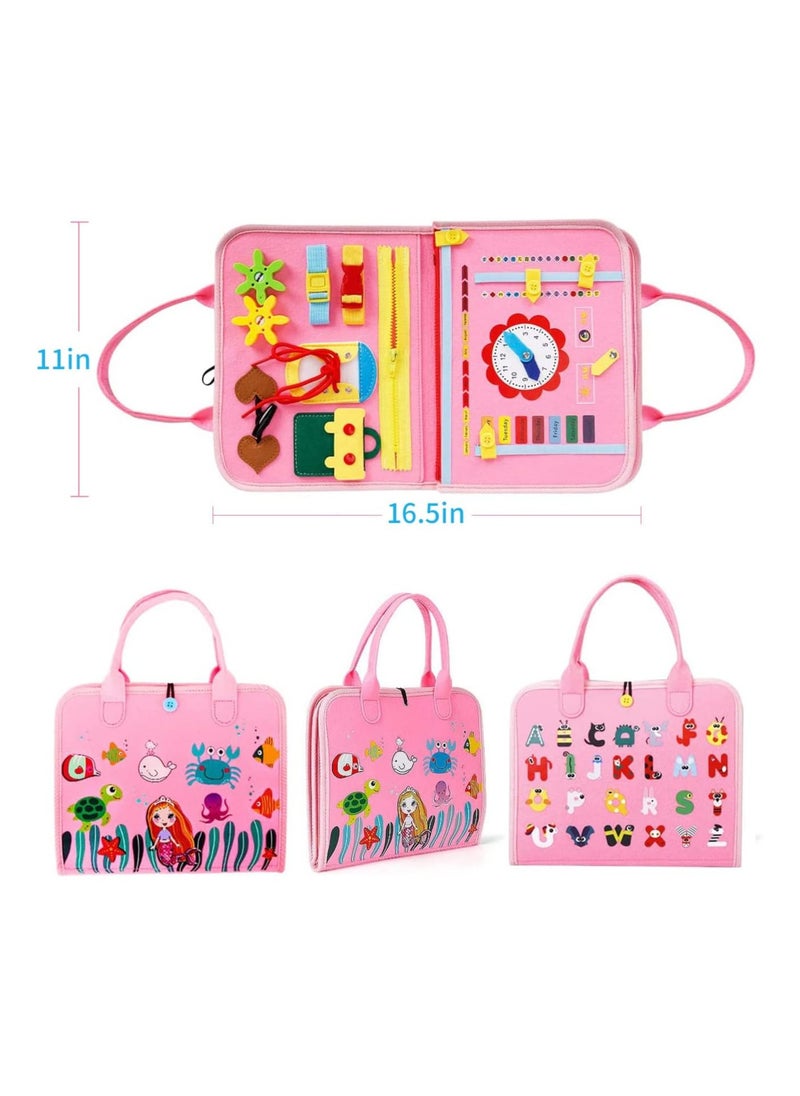 Busy Board Books, Montessori Sensory Activity Board for Early Learning, Multifunctional Portable Quiet Book, Travel Carry-on Toy, Preschool Kids Learning Life Skills & Fine Motor Skills, Kid-Friendly Felt Material Board Game, Pink Mermaid Design