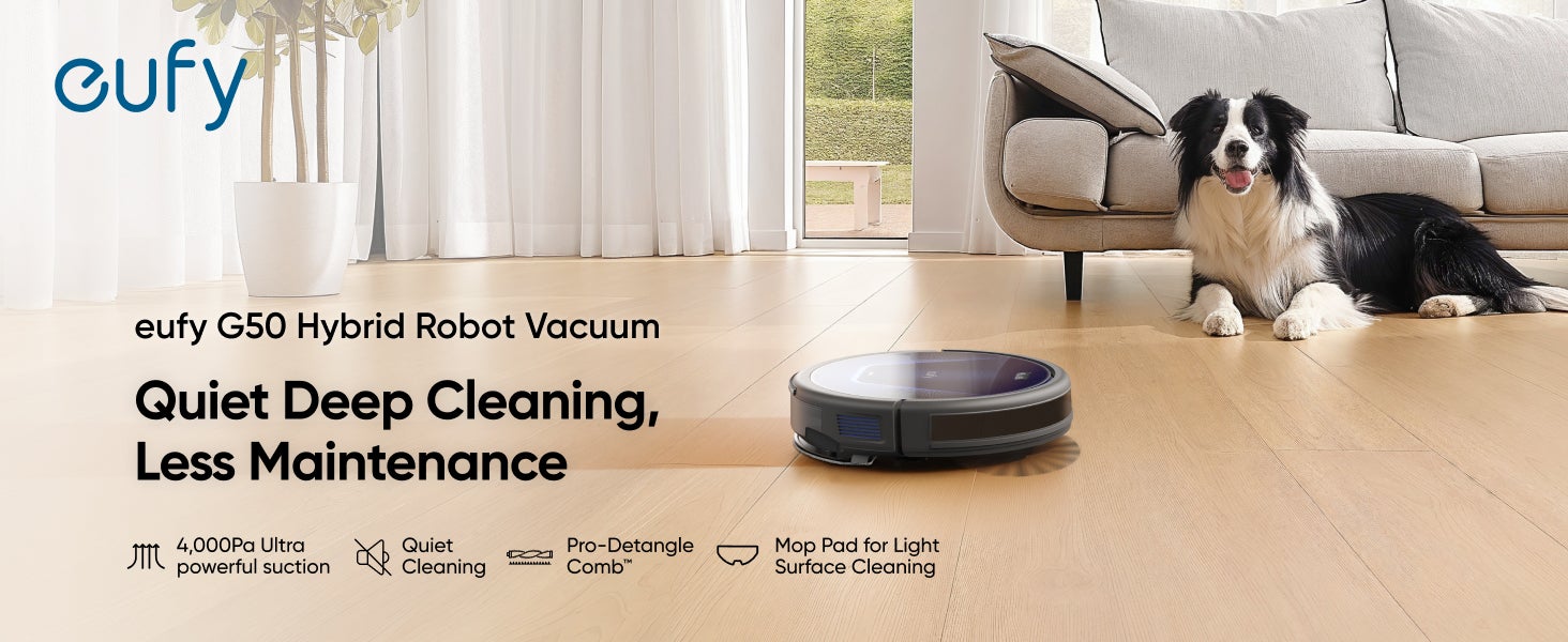 G50 Robot Vacuum With 4,000 Pa Powerful Suction, Dynamic Navigation And Pro Detangle Comb Roller Brush For Hair Cleaning, Mop Pad For Light Surface Cleaning, Perfect For Hard Floor, Pet Hair, Carpet 40 W T2212 Black